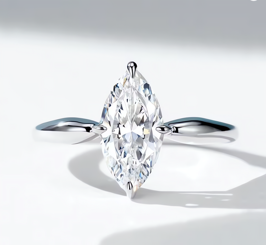 Marquise moissanite engagement ring, solitaire design, made with 925 sterling silver, made and sold by russmoon jewelry