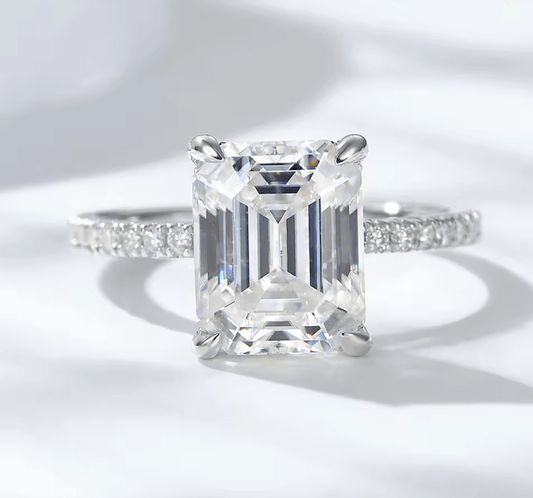 Moissanite solitaire pave engagement ring, emerald or radiant cut moissanite diamond with D color and VVS clarity, made for women by russmoon