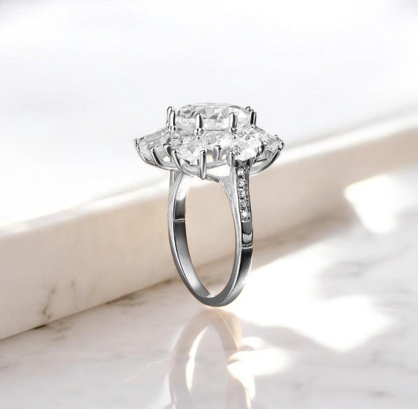 Flower 5 carat moissanite and zircon engagement ring, promise ring, birthday gift, round and heart cut, 925 sterling silver made by russmoon