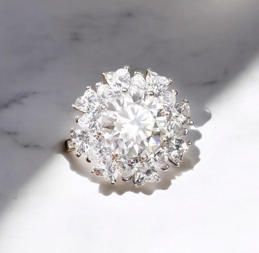 Flower 5 carat moissanite and zircon engagement ring, promise ring, birthday gift, round and heart cut, 925 sterling silver made by russmoon