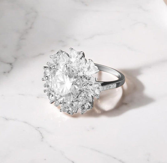 Flower 5 carat moissanite and zircon engagement ring, promise ring, birthday gift, round and heart cut, 925 sterling silver made by russmoon