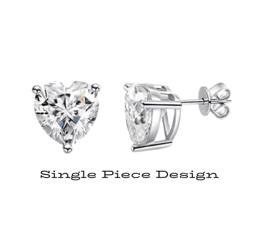 heart shaped moissanite earrings with double stack design, sitting on a marble countertop, made with sterling silver by russmoon