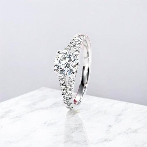 Engagement promise ring made with lab diamonds and 14 karat gold, unique split shank design