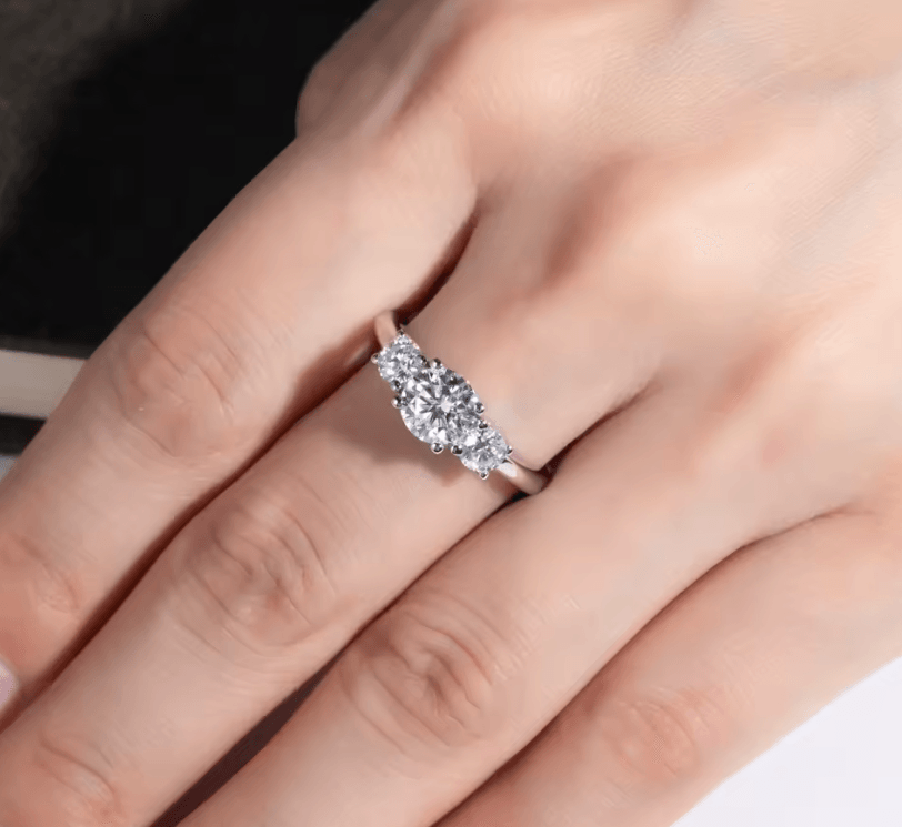Moissanite engagement ring with 3 stone design, 1 carat main stone and 925 sterling silver, with D color and VVS clarity, on hand, made by russmoon