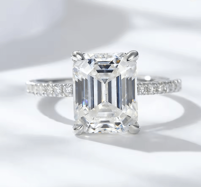 Moissanite solitaire pave engagement ring, emerald or radiant cut moissanite diamond with D color and VVS clarity, made for women by russmoon