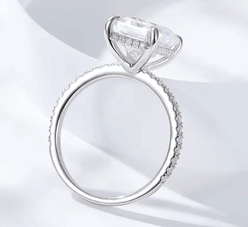Moissanite solitaire pave engagement ring, emerald or radiant cut moissanite diamond with D color and VVS clarity, made for women by russmoon