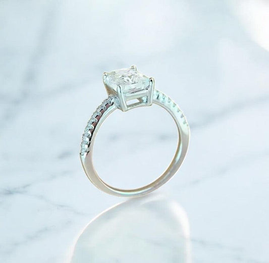 Moissanite princess cut engagement ring with zircon side stones and 925 sterling silver metal made by russmoon
