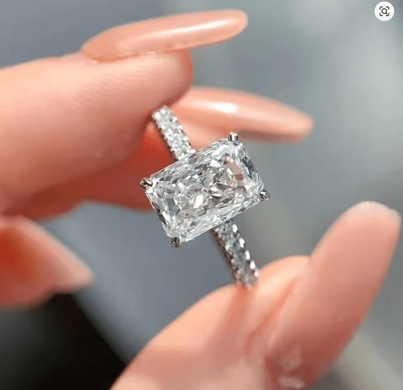 Moissanite princess cut engagement ring with zircon side stones and 925 sterling silver metal made by russmoon