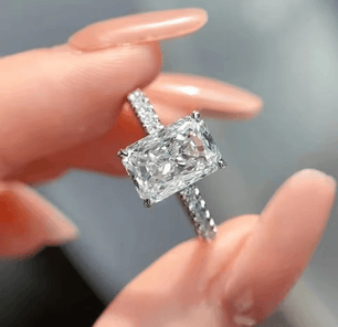 Moissanite princess cut engagement ring with zircon side stones and 925 sterling silver metal made by russmoon