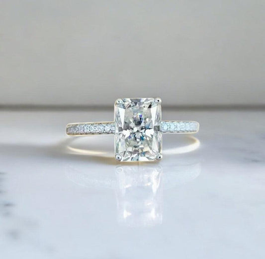 Moissanite princess cut engagement ring with zircon side stones and 925 sterling silver metal made by russmoon