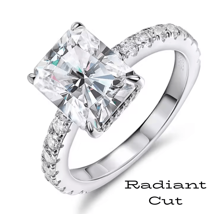 Moissanite solitaire pave engagement ring, emerald or radiant cut moissanite diamond with D color and VVS clarity, made for women by russmoon