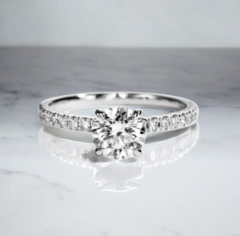 Stunning 1 carat solitaire pave engagement ring, made with lab cultivated diamonds and 14 karat gold