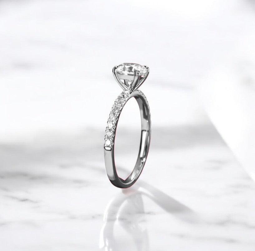 Stunning 1 carat solitaire pave engagement ring, made with lab cultivated diamonds and 14 karat gold