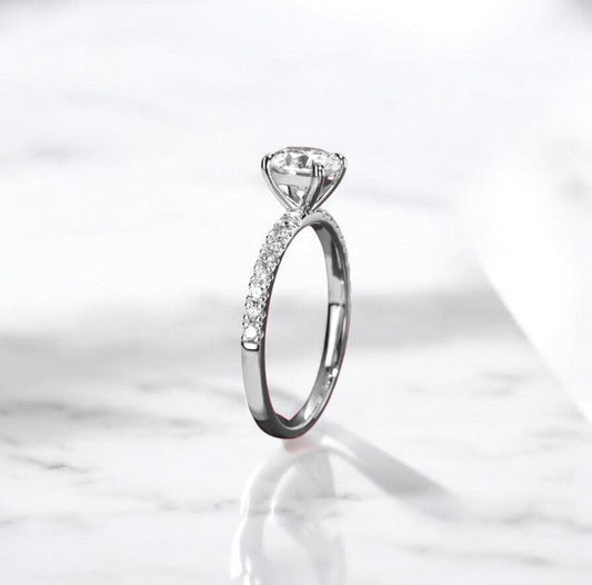 Stunning 1 carat solitaire pave engagement ring, made with lab cultivated diamonds and 14 karat gold