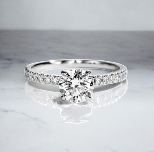 Stunning 1 carat solitaire pave engagement ring, made with lab cultivated diamonds and 14 karat gold