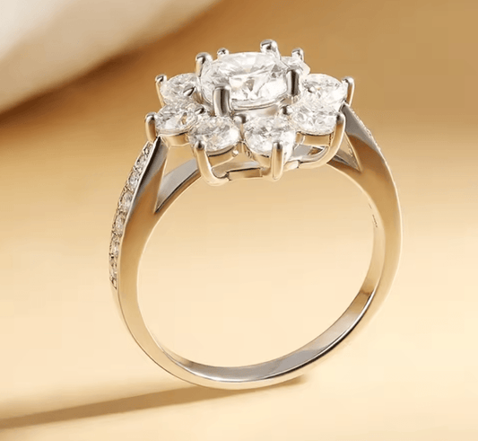 Stunning sunflower moissanite ring with zircon/moissanite side stones and 925 sterling silver made by russmoon jewelry.