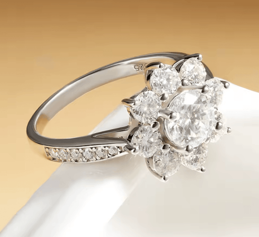 Stunning sunflower moissanite ring with zircon/moissanite side stones and 925 sterling silver made by russmoon jewelry.