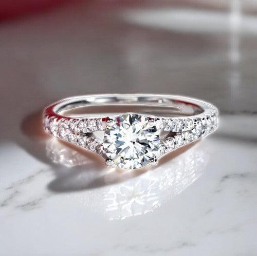 Engagement promise ring made with lab diamonds and 14 karat gold, unique split shank design