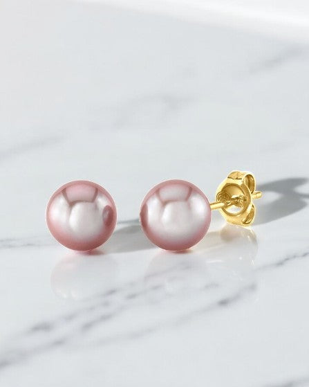 RussMoon 8mm Pink Freshwater Round Pearl Stud Earrings